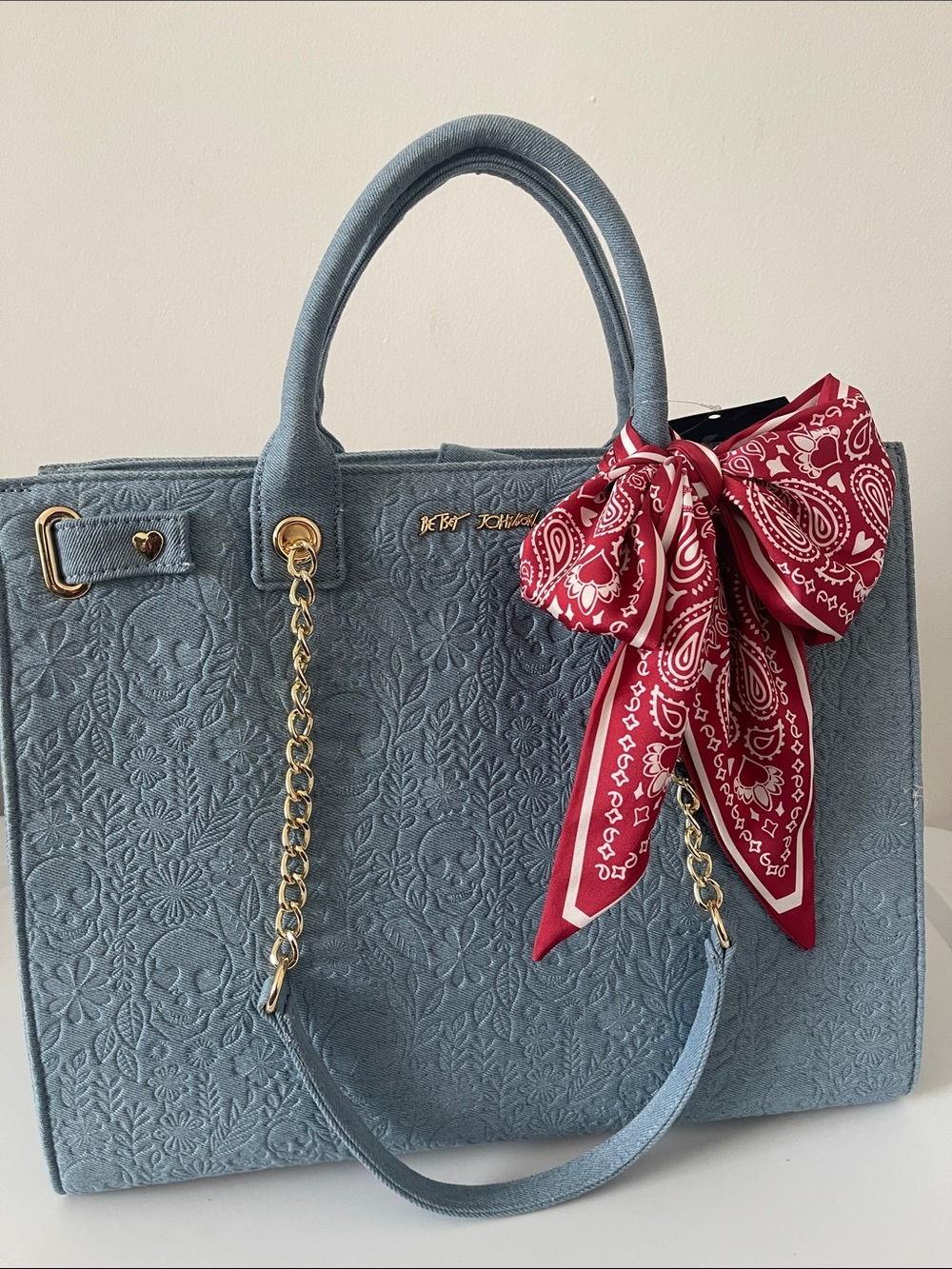Betsey Johnson Light Blue denim skull Embossed Tote with Red Bandana Bow